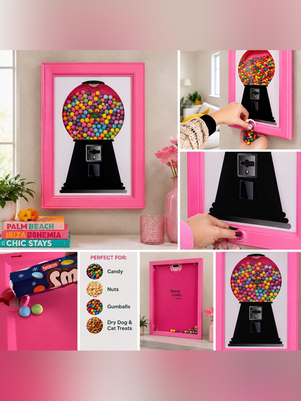 Pink Wall-Mounted Gumball Dispenser Candy Frame Decor
